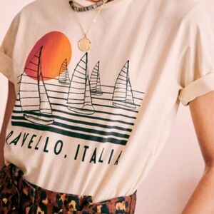 Sezane Cream Ravello Graphic T-Shirt with Short Sleeves